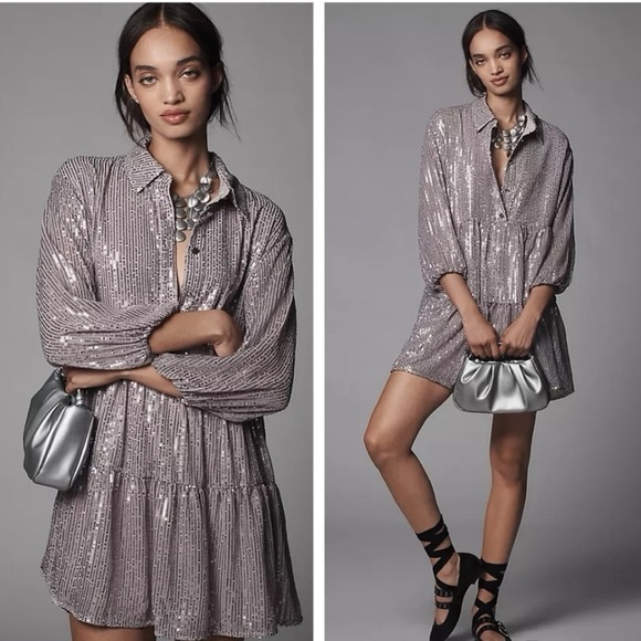 NWT! Anthro The Bettina Tiered Shirt Dress by Maeve: Mini Sequin Edition 🔎⚽️ - Picture 10 of 15